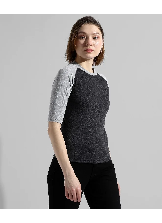كامبوس سوترا Women's Charcoal Grey Colourblocked Regular Fit Top