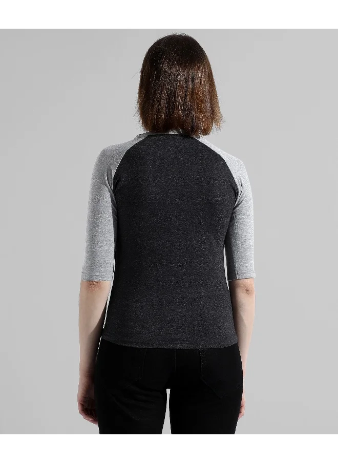 كامبوس سوترا Women's Charcoal Grey Colourblocked Regular Fit Top