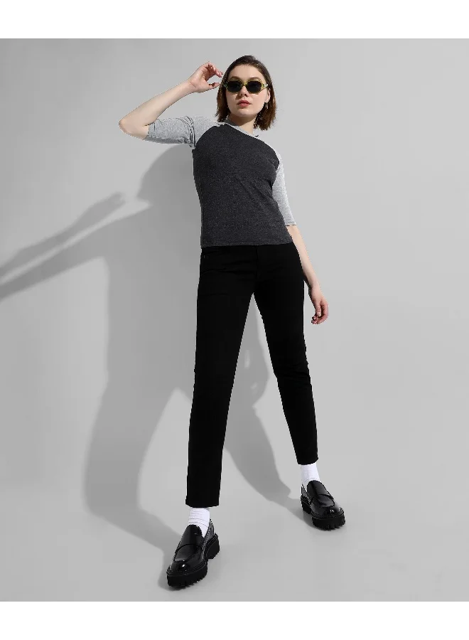 Campus Sutra Women's Charcoal Grey Colourblocked Regular Fit Top