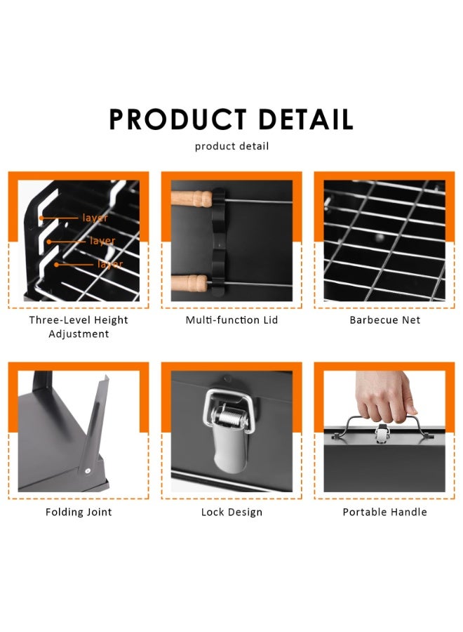 والالا شواية فحم محمولة - صندوق شواء مدمج قابل للطي للتخييم، حفرة شواء معلقة من الفولاذ المقاوم للصدأ، الفناء الخلفي والحفلات الخلفية مع حقيبة حمل، تجميع في دقيقتين، تصميم خفيف الوزن (أسود) - Image 4