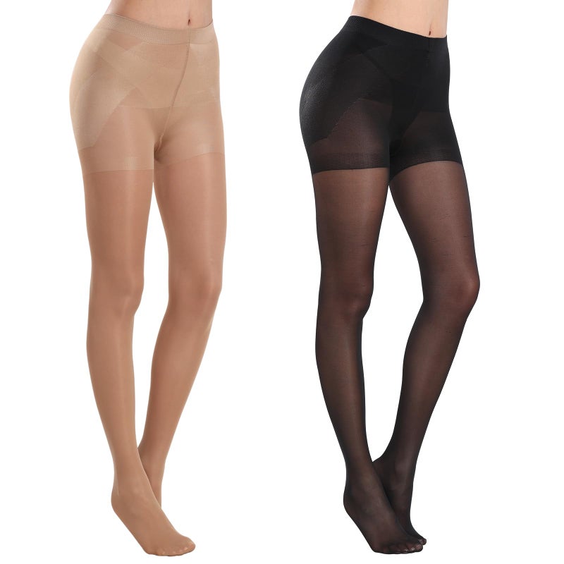 MANZI 2 Pairs Women's Sheer Tights 40D High Waist Control Top Pantyhose Thigh High Stockings Black Natural Nude Large - Image 4