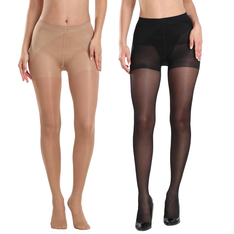 MANZI 2 Pairs Women's Sheer Tights 40D High Waist Control Top Pantyhose Thigh High Stockings Black Natural Nude Large - Image 5