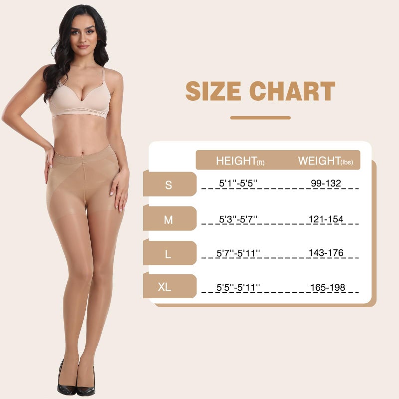 MANZI 2 Pairs Women's Sheer Tights 40D High Waist Control Top Pantyhose Thigh High Stockings Black Natural Nude Large - Image 3