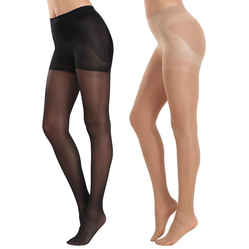 MANZI 2 Pairs Women's Sheer Tights 40D High Waist Control Top Pantyhose Thigh High Stockings Black Natural Nude Large - Image 1