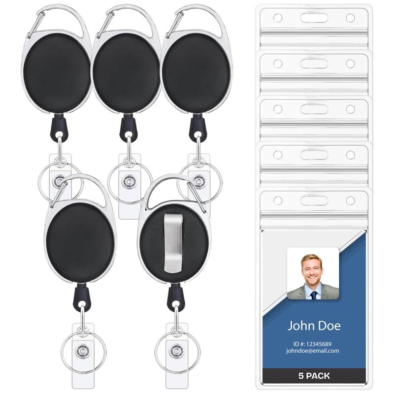 Will Well ID Badge Holders with Clip and Keyring - Vertical Clear Plastic 3.58" x 2.52" Sleeves Fit Up to 3 Cards - Retractable 24" UHMWPE Fiber Pull Cords for Easy Access - 5-Pack, Black Reels - Image 1