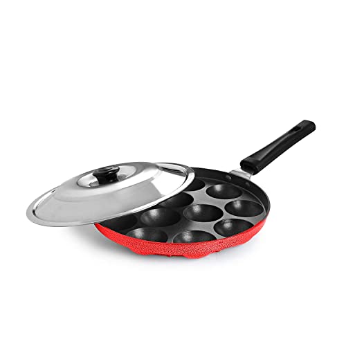 Xtend Royal Single Handle 12 Cavity Appam Patra Paddu Paniyarakkal Maker Chatty Paniyaram Pan Ponganal Baati Litti Baking Pot with Steel Lid (Aluminium, Non-Stick) - Image 1