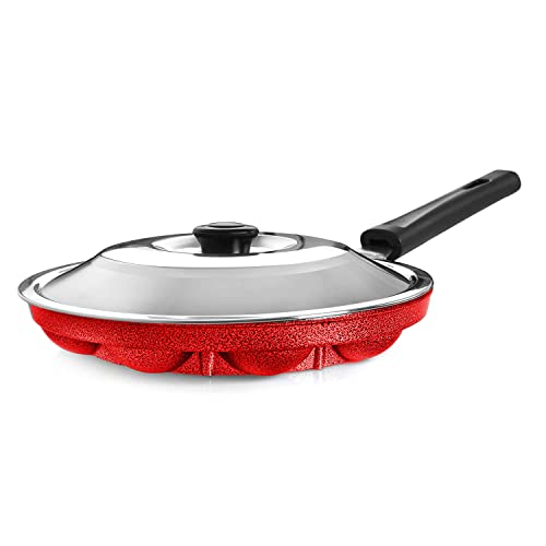 Xtend Royal Single Handle 12 Cavity Appam Patra Paddu Paniyarakkal Maker Chatty Paniyaram Pan Ponganal Baati Litti Baking Pot with Steel Lid (Aluminium, Non-Stick) - Image 3