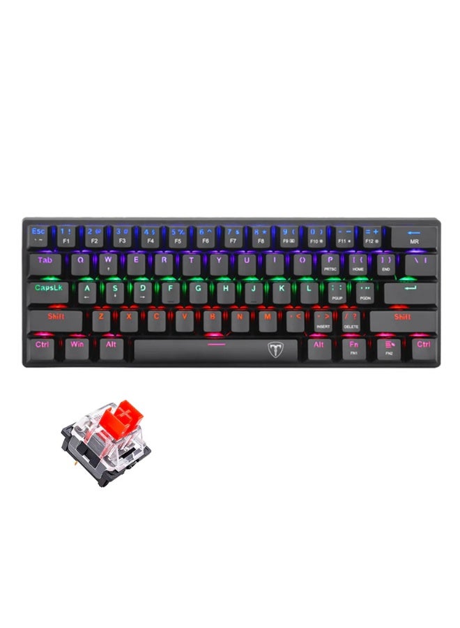 تي-داجر لوحة مفاتيح الألعاب الميكانيكية Arena TGK321 بنسبة 60%، 61 مفتاحًا بمفاتيح حمراء وإضاءة خلفية RGB بألوان قوس قزح، لوحة مفاتيح سلكية صغيرة الحجم بمنفذ USB من النوع C، أغطية مفاتيح مزدوجة الطبقة، تصميم مفاتيح عائمة، متانة تصل إلى 50 مليون ضغطة، لون أسود - Image 1