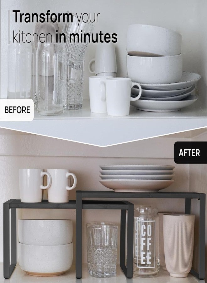 VBM Kitchen Cabinet Organizer Shelf Set of 3, Stackable Expandable Metal & Wood Storage Racks, Tiered Counter & Pantry Shelves for Spices, Jars, Cups, Plates, Space Saving Cabinet Organizer - Image 5