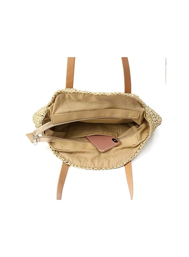 vesus Womens Handwoven Straw Shoulder Bag Large Summer Beach Handles Handbag Tote with Zipper - Image 3