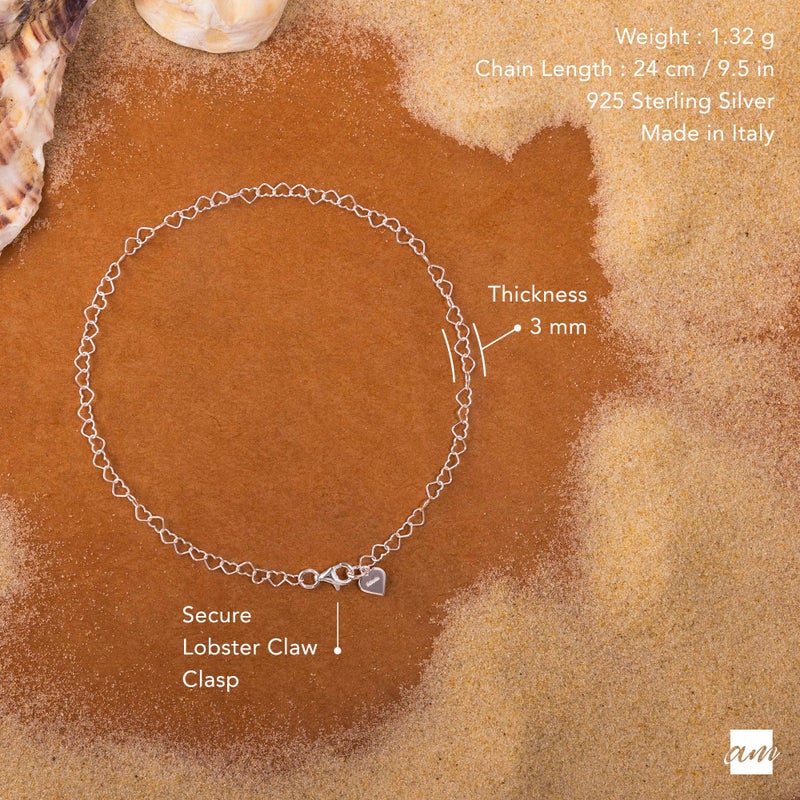 Amberta 925 Fine Sterling Silver Naturally Adjustable Anklet - 3 mm Heart Chain Ankle Bracelet - up to 10" inch - Flexible Fit - Image 5