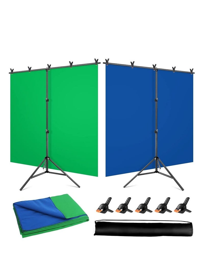 WALALLA Green Screen Background with Stand Kit 1.5x2 m for Zoom, 2-in-1 Reversible Blue Screen and Green Screen with Portable T-Shaped Background Support Stand, 5x Background Clips - Image 1