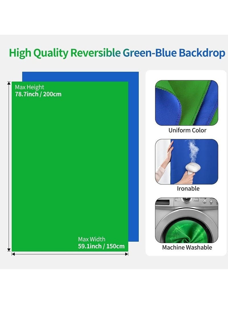 WALALLA Green Screen Background with Stand Kit 1.5x2 m for Zoom, 2-in-1 Reversible Blue Screen and Green Screen with Portable T-Shaped Background Support Stand, 5x Background Clips - Image 2