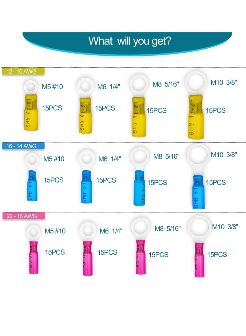 Excefore Heat Shrink Wire Connectors, 180 Pcs Ring Terminals Kits, Automotive Marine Ring Terminal Connectors, Insulated Electrical Terminals Kit Waterproof Marine Crimp Connector for 10 12 14 16 18 22 AWG - Image 2