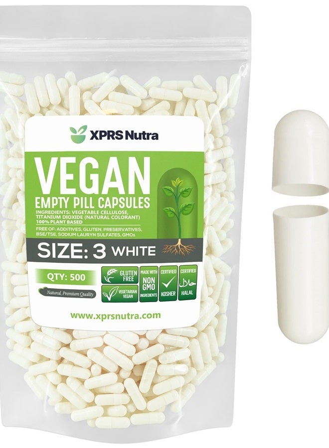 XPRS Nutra Size 3 Empty Capsules - 500 Count Empty Vegan Capsules - Vegetarian Empty Pill Capsules - DIY Vegetable Capsule Filling - Veggie Pill Capsules Empty Caps (White) - Image 1
