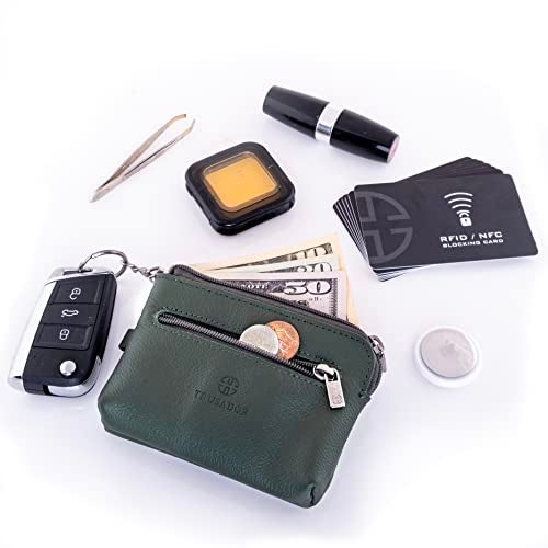 Trusador Milano Unisex Leather Front Pocket Wallet Coin Purse Zipper Pouch with Keychain (Green) - Image 5