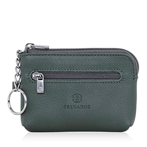 Trusador Milano Unisex Leather Front Pocket Wallet Coin Purse Zipper Pouch with Keychain (Green) - Image 1