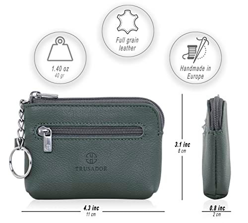Trusador Milano Unisex Leather Front Pocket Wallet Coin Purse Zipper Pouch with Keychain (Green) - Image 3