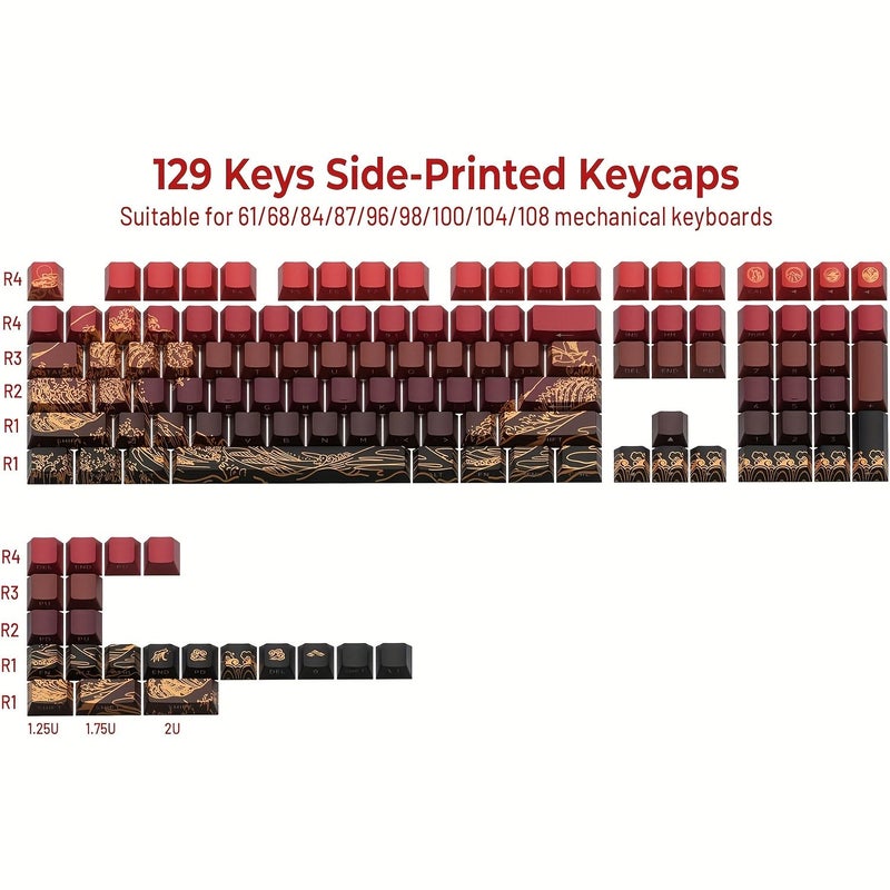 Black 129 Key Cherry Profile Pbt Dye Sub Side Print Keycaps For Mechanical Keyboards - Image 1