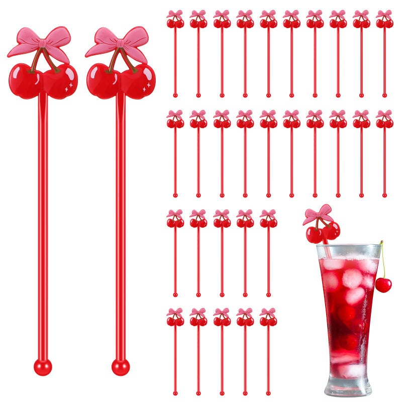 Reallnaive 100 Pcs Cherry Bow Drink Stirrers 6 Inch Pink Red Coquette Bow Swizzle Sticks Plastic Preppy Coffee Cocktail Stir Sticks for Bachelorette Galentines Day Valentines Wedding Party Favors - Image 1