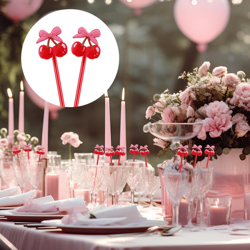 Reallnaive 100 Pcs Cherry Bow Drink Stirrers 6 Inch Pink Red Coquette Bow Swizzle Sticks Plastic Preppy Coffee Cocktail Stir Sticks for Bachelorette Galentines Day Valentines Wedding Party Favors - Image 5