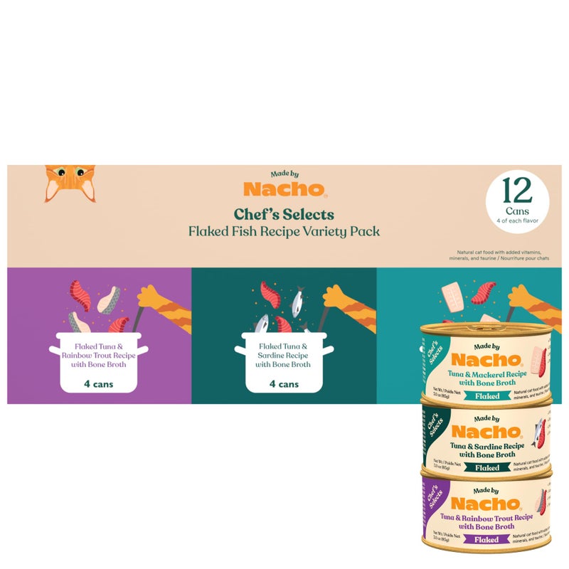 Made by Nacho Flaked Filets Recipe in Bone Broth, Grain-Free Chef's Selects Wet Food for Cats Balanced Diet in Naturally Hydrating Pumpkin-Infused Broth (3.0 oz (Pack of 12), Flaked Fish Variety Pack) - Image 1