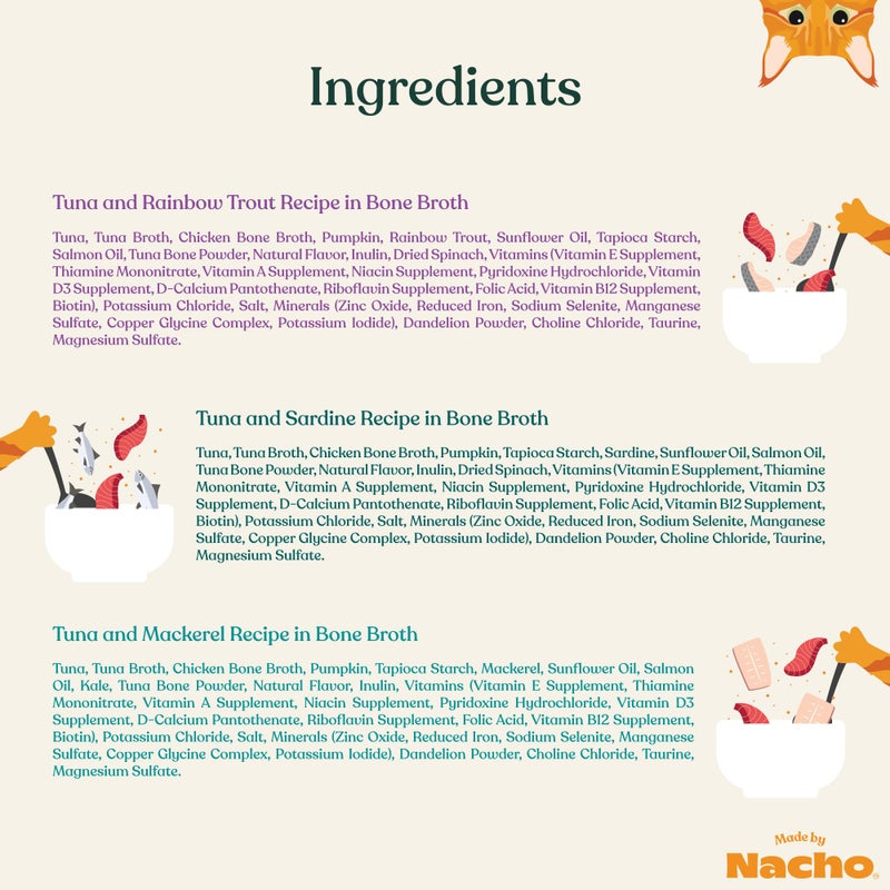 Made by Nacho Flaked Filets Recipe in Bone Broth, Grain-Free Chef's Selects Wet Food for Cats Balanced Diet in Naturally Hydrating Pumpkin-Infused Broth (3.0 oz (Pack of 12), Flaked Fish Variety Pack) - Image 4