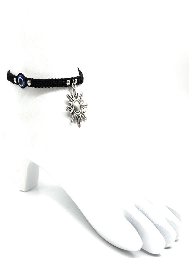 Jyokrish Handmade Adjustable Metal hanging Sun evil eye Black Thread Knot Anklet For Women | girls | Nazariya |Payal |Free Size |Threadwork| Pack of 1| Lucky charms - Image 2