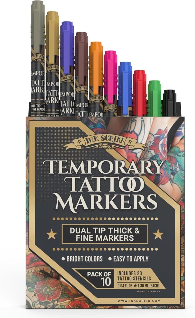 INK SCRIBD Tattoo Pen Kit for Skin â€“ 10 Temporary Tattoo Markers with Dual Tips & 20 Stencils, Body-Safe Ink for Face, Hands & Arms â€“ Fun Body Art Pens for Kids, Teens, Parties, Festivals & Costume Design - Image 1
