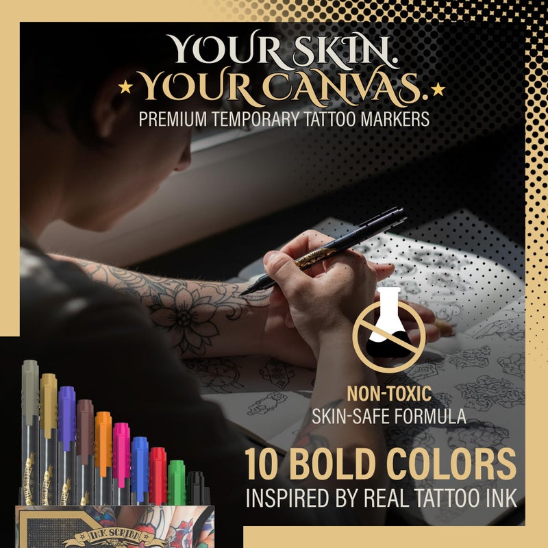 INK SCRIBD Tattoo Pen Kit for Skin â€“ 10 Temporary Tattoo Markers with Dual Tips & 20 Stencils, Body-Safe Ink for Face, Hands & Arms â€“ Fun Body Art Pens for Kids, Teens, Parties, Festivals & Costume Design - Image 2