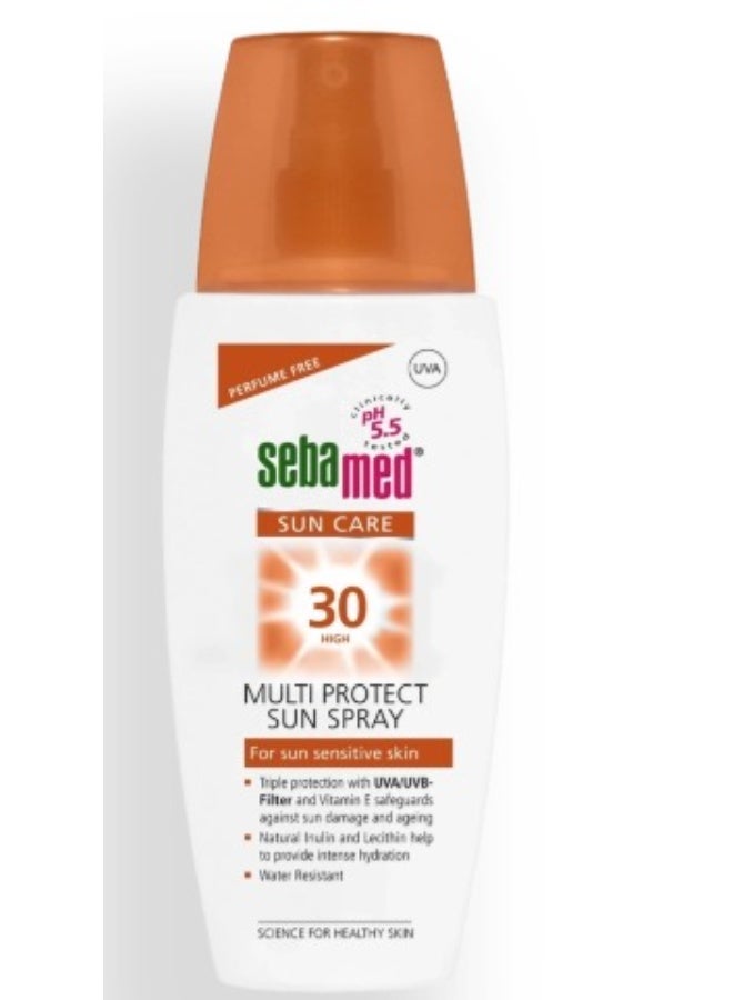 Sebamed واقي شمس SUN CARE SPF 30 HIGH MULTI PROTECT على شكل بخاخ، مخصص للبشرة الحساسة للشمس، يوفر حماية ثلاثية مع فلاتر UVA/UVB وفيتامين E للمساعدة في حماية البشرة من أضرار الشمس والتقدم في السن.