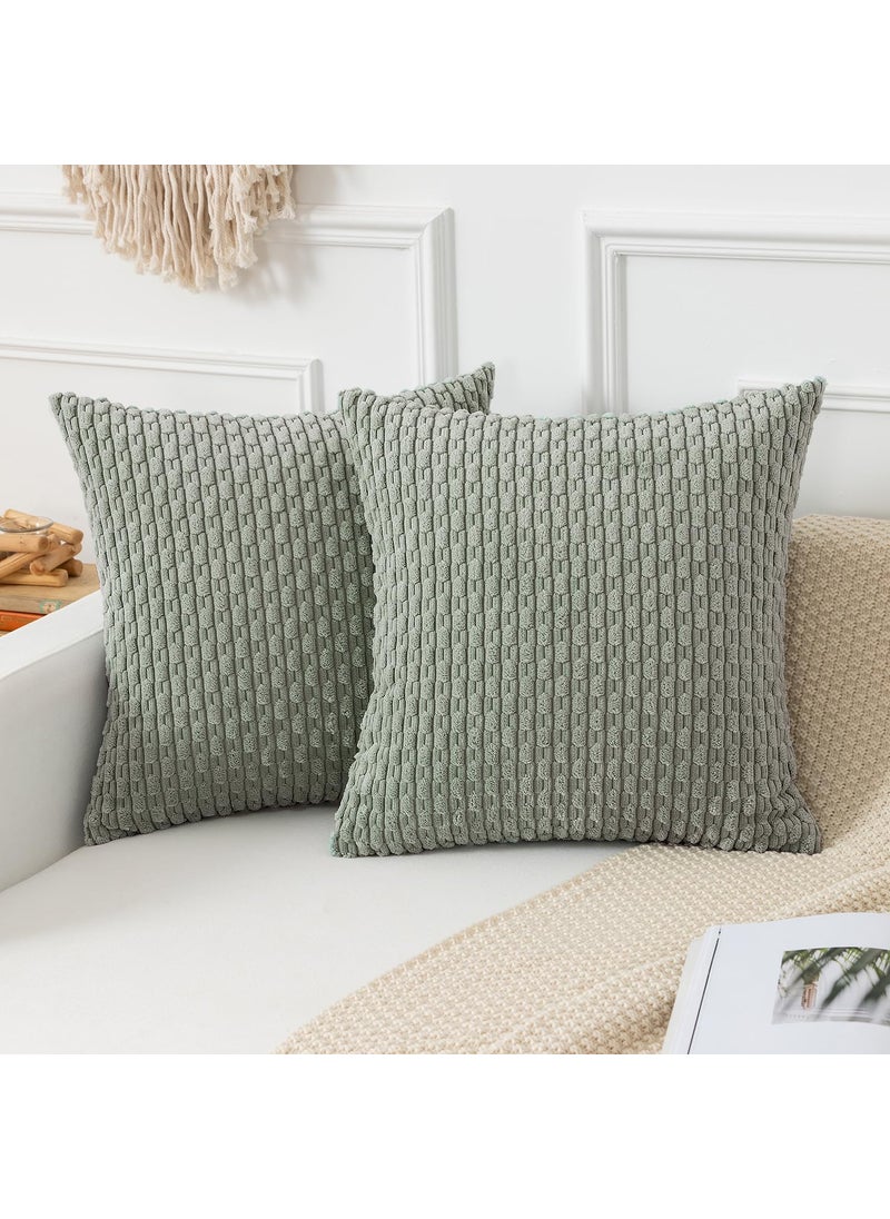 K KEVIN TEXTILE Kevin Textile Throw Pillow Covers Soft Corduroy Decorative Set of 2 Boho Striped Pillow Covers Pillowcases Farmhouse Home Decor for Couch Bed Sofa Living Room 22x22 Inch Greyish Green  - Image 1