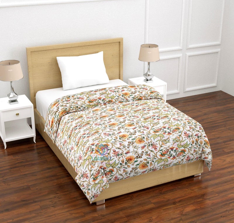 LOARSHY Orange Yellow Multi Color Flower Traditional Printed Jaipuri Cotton Razai Conforter Single Bed AC Rajai Light Weight Soft Quilt (55X85 Size) - Image 1