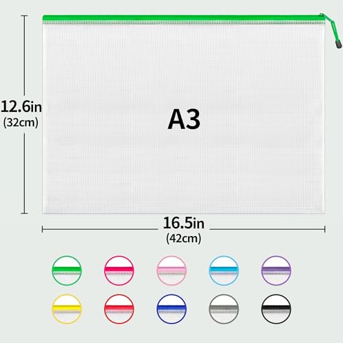 JARLINK A3 (16.5x12.6 in, 12 Pcs) Mesh Zipper Pouch, 12 Colors Extra Large Zipper Bags, Waterproof File Pouches for Office Supplies, Puzzles, Board Game, School, Travel Accessories & Craft Projects - Image 2