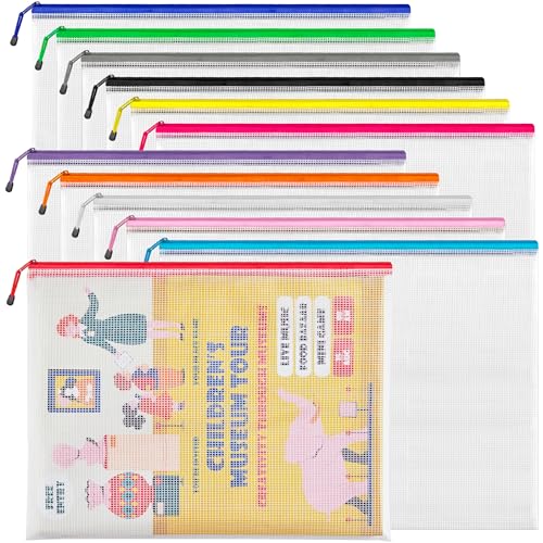 JARLINK A3 (16.5x12.6 in, 12 Pcs) Mesh Zipper Pouch, 12 Colors Extra Large Zipper Bags, Waterproof File Pouches for Office Supplies, Puzzles, Board Game, School, Travel Accessories & Craft Projects - Image 1