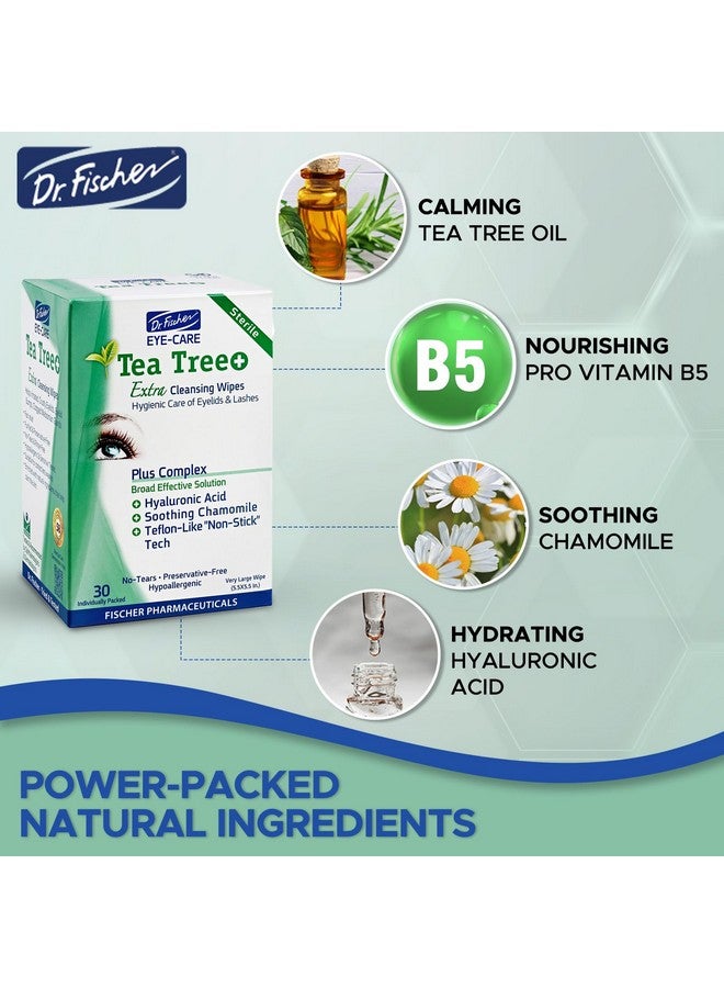 Dr. Fischer Tea Tree Oil Eye Wipes - Hypoallergenic Eyelid Wipes for Sensitive Eyes with Hyaluronic Acid and Chamomile, Makeup Remover, Daily Cleanser (60 wipes) - Image 2
