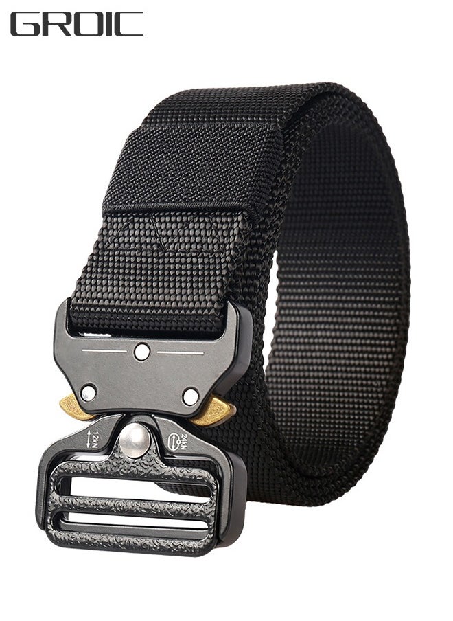 GROIC Traing Tactical Belt Military Style Girdle Utility for Men Waistband Nylon Webbing Band with V-Ring Heavy-Duty Quick-Release Zinc Alloy Buckle Elastic Ring Allergy Free - Black  - Image 1