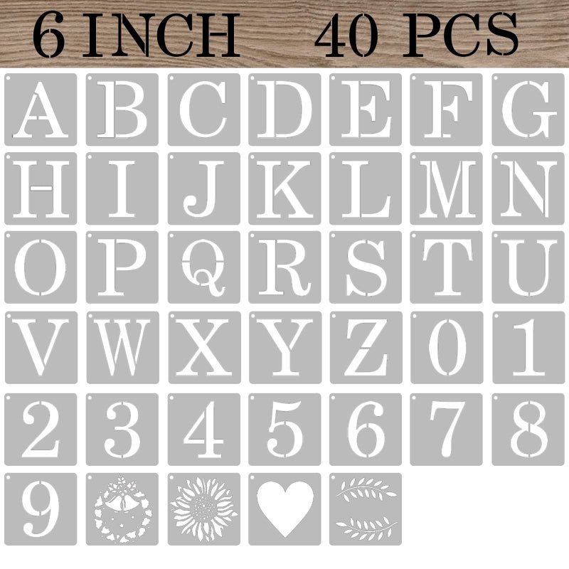 ASMPIO 6 Inch Letter Stencils Numbers Craft Stencils 40 Pcs Reusable Plastic Alphabet Drawing Templates for Painting on Wood Wall Fabric Rock Signage Door Porch