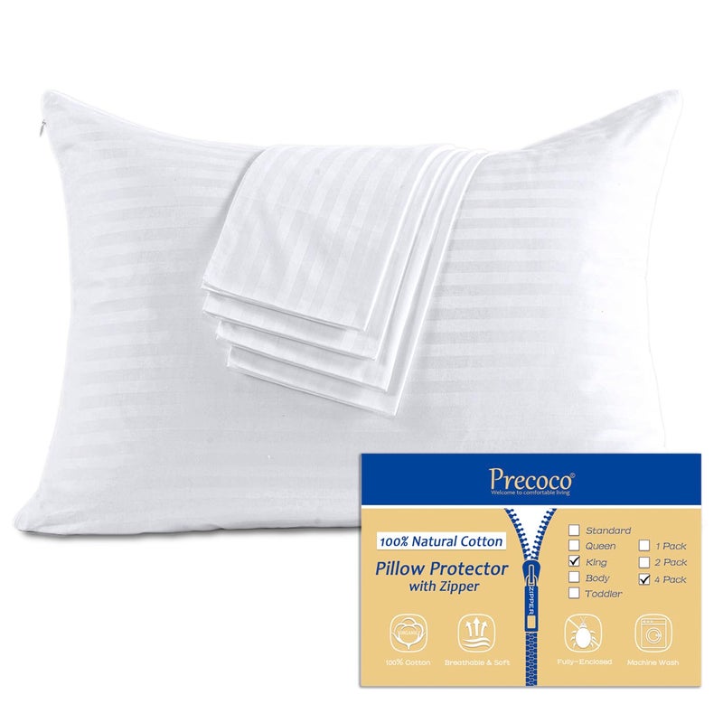 100 Cotton King Pillow Protectors with Zipper White Pillow Cases King Size Set of 4 for Home  Hotel Sateen Soft Cooling Hidden Zippered Pillow Case Protector for Hair  Skin 20x36 in