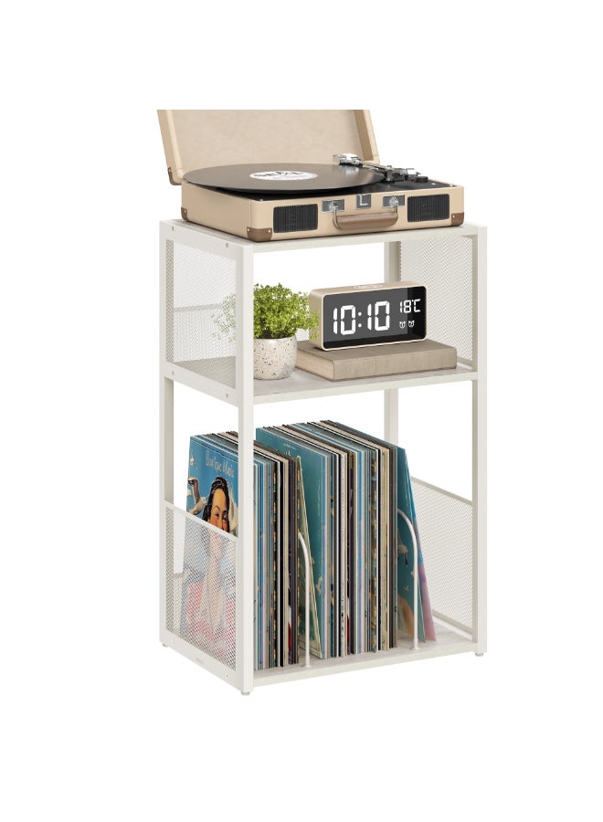 VASAGLE حامل أسطوانات فاساجل، طاولة جانبية من 3 طبقات، تخزين أسطوانات، تصل إلى 100 ألبوم، طاولة لغرفة المعيشة، غرفة النوم، أبيض عتيق - Image 1