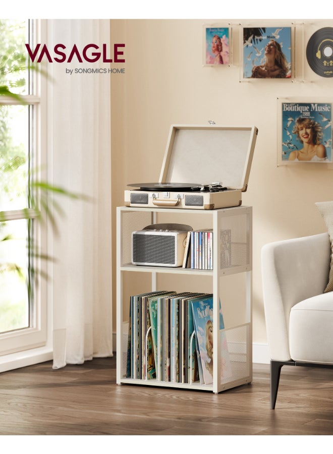 VASAGLE حامل أسطوانات فاساجل، طاولة جانبية من 3 طبقات، تخزين أسطوانات، تصل إلى 100 ألبوم، طاولة لغرفة المعيشة، غرفة النوم، أبيض عتيق - Image 2