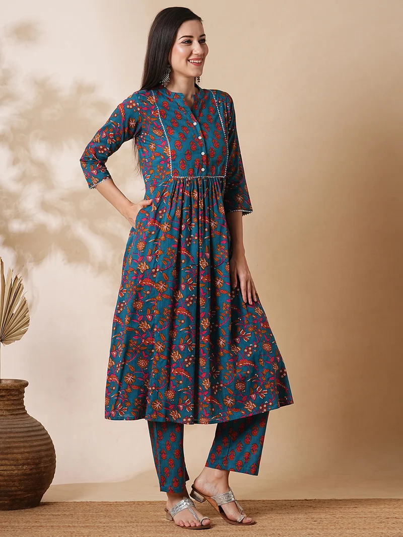 globus Women Floral Printed Gotta Lace Gathered A-Line Kurta With Straight Pants Workwear Set