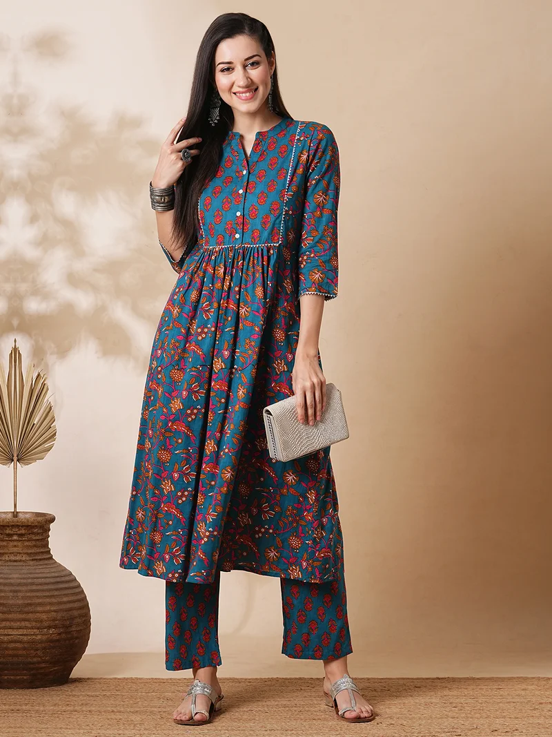 globus Women Floral Printed Gotta Lace Gathered A-Line Kurta With Straight Pants Workwear Set