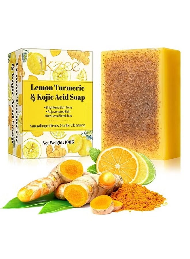 IKZEE Lemon Turmeric and Kojic Acid Soap,Turmeric Soap Bar,Gentle Skin Brightening Soap,Dark Spot Corrector Remover,Deep Cleansing Solid Soap Bars,Natural Face Soap for Fine Lines Acne Scars 100g - Image 1