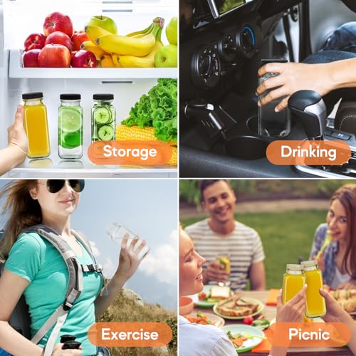 STARSIDE 8 oz Glass Juice Bottles with Lids 12 Pack - Square Reusable Drinking Jars for Juicing, Milk, Kombucha - Includes 1 Bottle Brush, 12 Colored Labels - Image 5