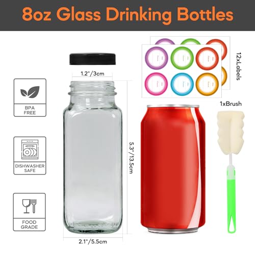 STARSIDE 8 oz Glass Juice Bottles with Lids 12 Pack - Square Reusable Drinking Jars for Juicing, Milk, Kombucha - Includes 1 Bottle Brush, 12 Colored Labels - Image 2