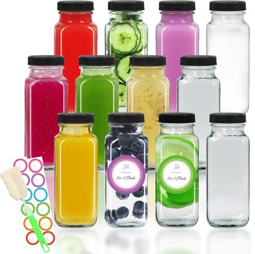 STARSIDE 8 oz Glass Juice Bottles with Lids 12 Pack - Square Reusable Drinking Jars for Juicing, Milk, Kombucha - Includes 1 Bottle Brush, 12 Colored Labels - Image 1