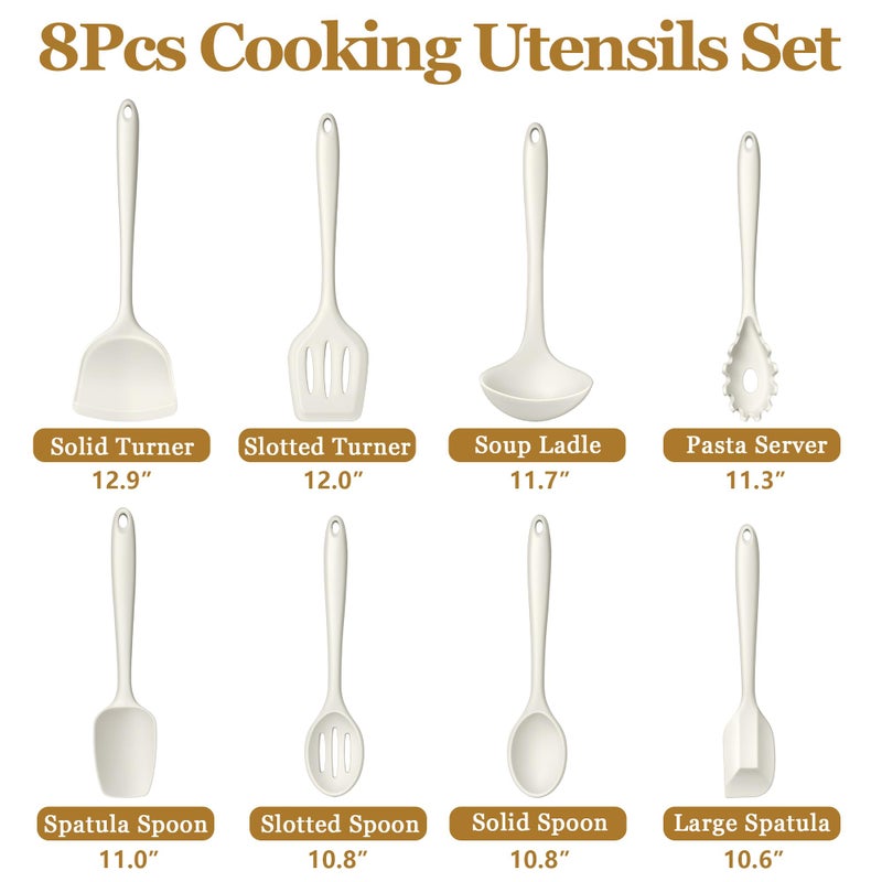 LIANYU 8Pcs Kitchen Cooking Utensils Set, Silicone Utensil Sets, Heat Resistant Kitchen Gadgets Essentials for Nonstick Cookware with Spatula, Spoon, Tuner, Ladle, Dishwasher Safe, White - Image 2