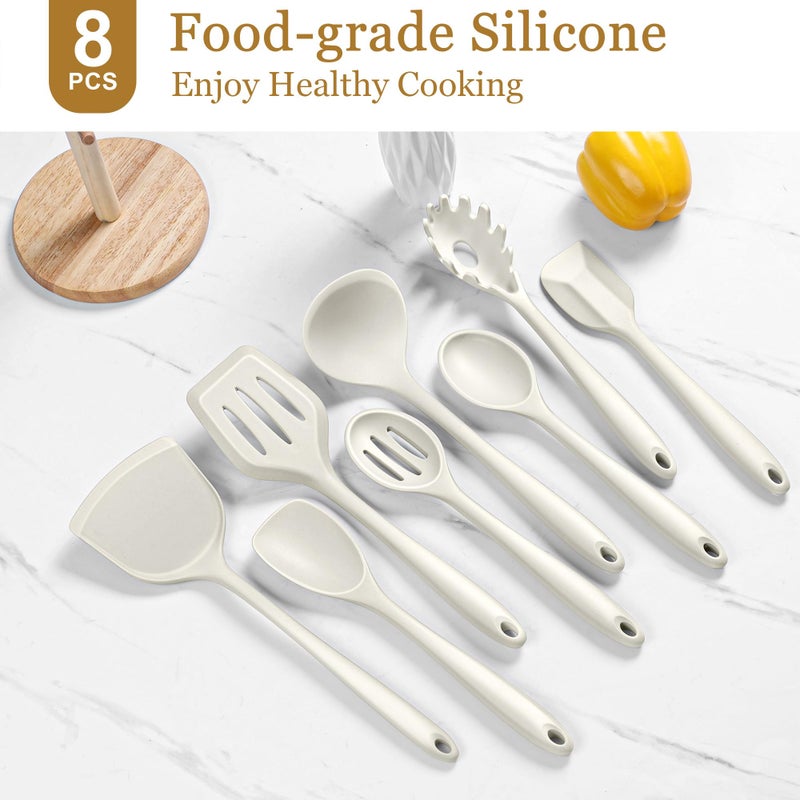 LIANYU 8Pcs Kitchen Cooking Utensils Set, Silicone Utensil Sets, Heat Resistant Kitchen Gadgets Essentials for Nonstick Cookware with Spatula, Spoon, Tuner, Ladle, Dishwasher Safe, White - Image 3