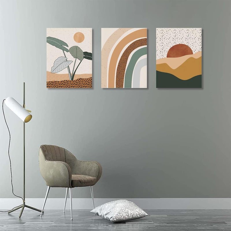 ASTRDECOR مجموعة من 3 قطع من فن الجدران البوهيمي، فن جدار حديث من منتصف القرن، لوحات قماشية مؤطرة، مطبوعات هندسية مجردة محايدة مع شمس وصحراء ونبات وقوس قزح وطبيعة، عمل فني بسيط، ديكور جدار بوهيمي للحمام وغرفة النوم - Image 5